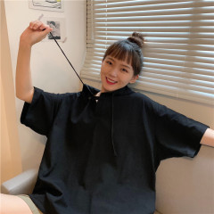 Korean version ins black jacket loose BF style short sleeve T-shirt Hooded Sweater