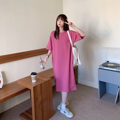 Real shot short sleeve dress women's summer new loose medium length over knee T-shirt lazy skirt