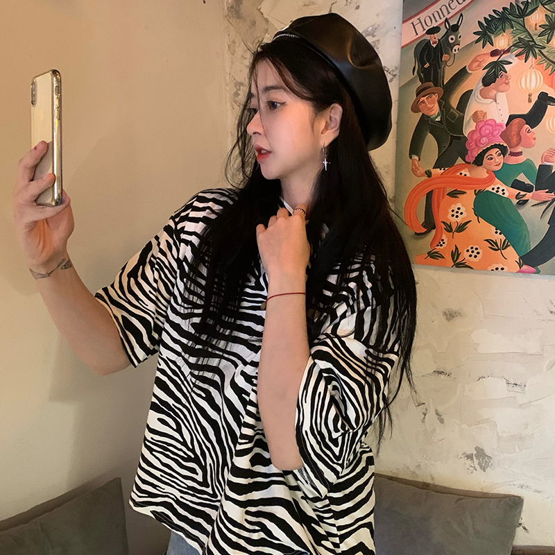 實拍 設計感斑馬紋短袖t恤女小眾韓版寬鬆ins潮上衣體桖