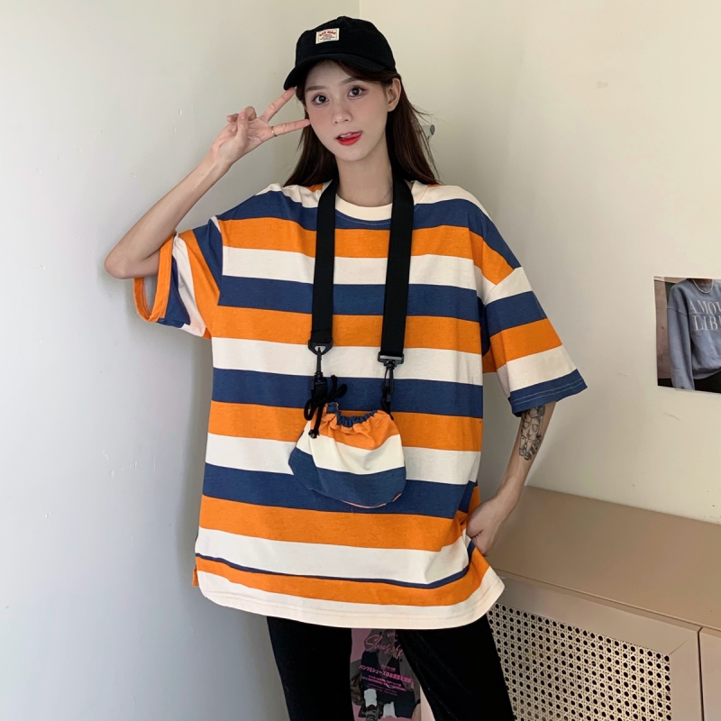 Real shot niche Design Summer wear ins super hot harbor stripe short sleeve t-shirt female trend student half sleeve top