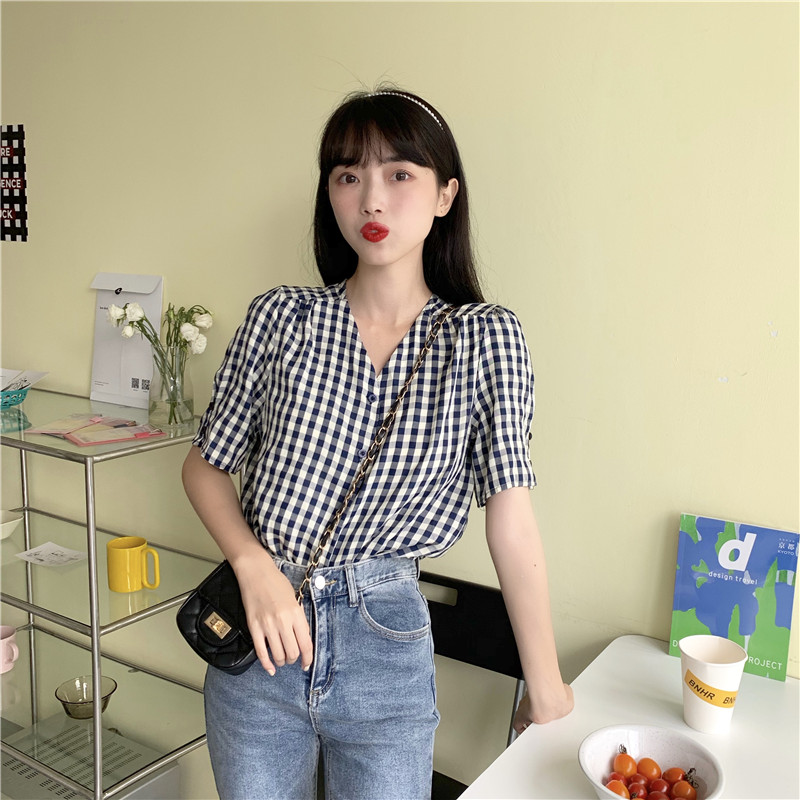 Real photo 2021 new Korean V-neck Short Sleeve Plaid Shirt