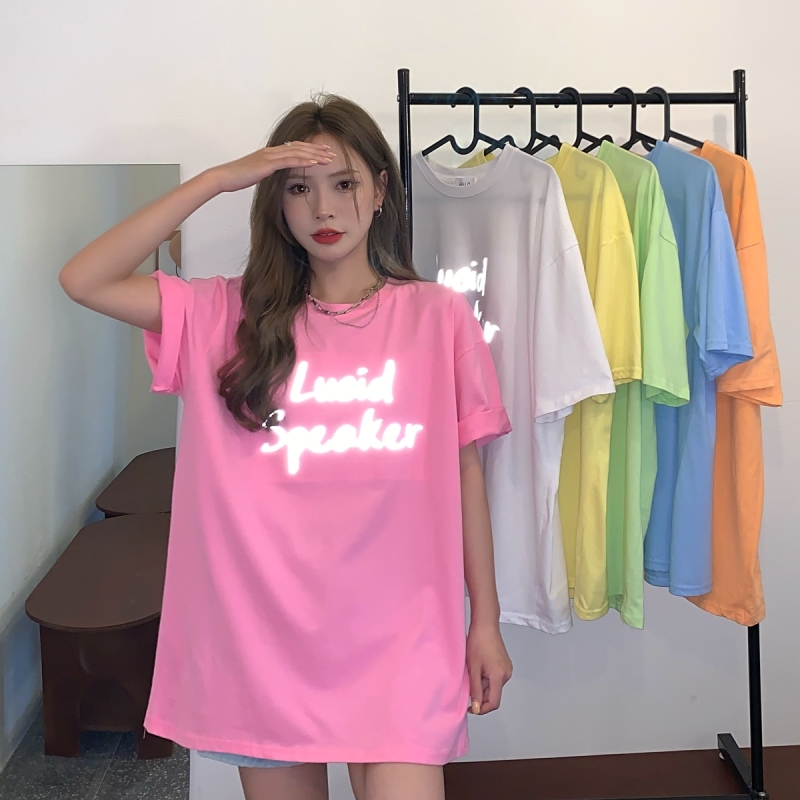 Real shot New Street blasting reflective letter pink short sleeve t-shirt female 2021 Korean loose half sleeve