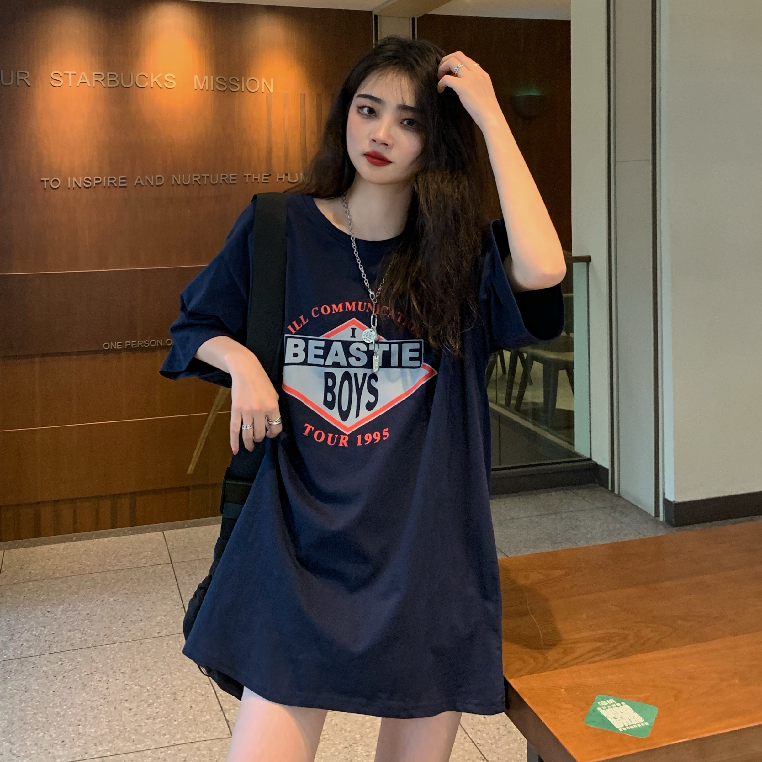 Real shot of new summer Hong Kong wind net red half sleeve T-shirt women's middle length Harajuku loose top