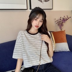Real shot chic stripe Top Girls' Summer Short Sleeve T-Shirt age reducing loose and lazy Pullover