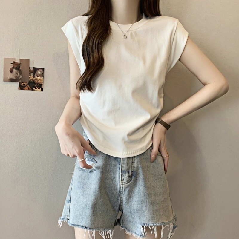 夏装抽褶飞飞袖t恤女学生夏设计感收腰显瘦弧形下摆短款修身上衣