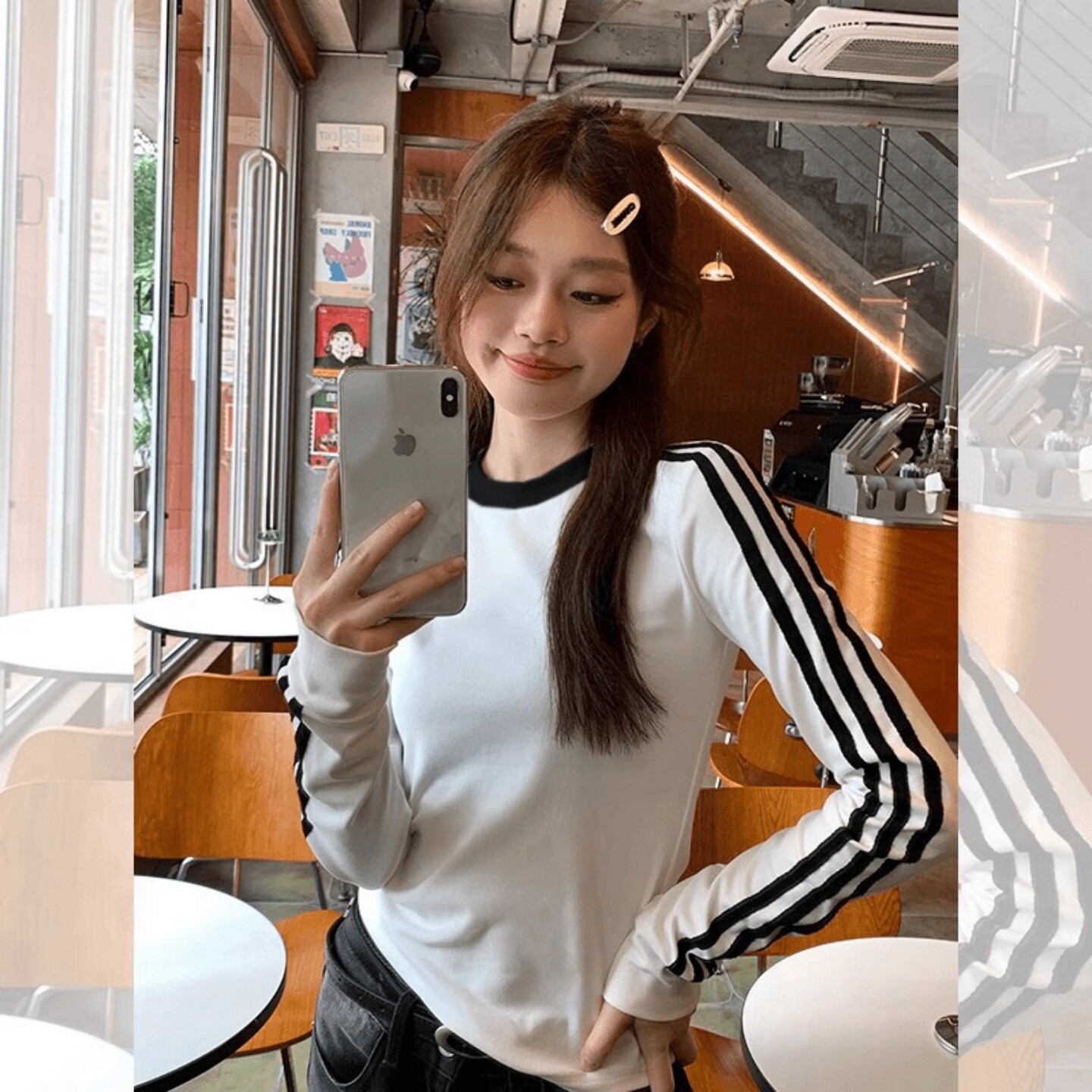 春秋装经典款撞色圆领正肩长袖T恤女三条杠运动风修身纯棉打底衫
