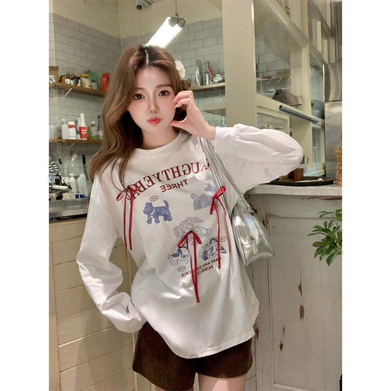 春秋慵懒风宽松减龄休闲长袖T恤女印花蝴蝶结设计感时尚圆领上衣,女装/女士精品,T恤,淘宝优惠券,粉丝福利购,淘宝优惠卷