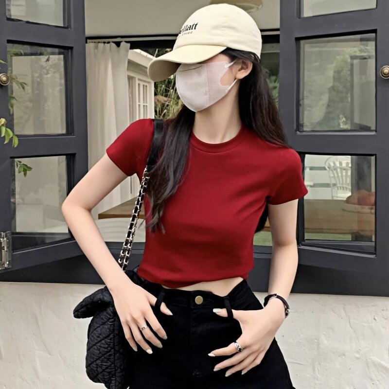 夏装小个子女生修身短袖T恤纯色高腰超短款红色打底衫时尚百搭简