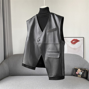 2023新品真皮皮衣马甲女外套短款不规则挂脖坎肩无袖上衣百搭时尚