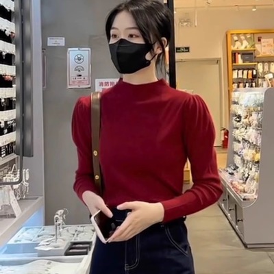 泡泡袖2024秋冬新款打底衫半高领