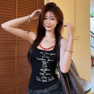 固定带胸垫百搭 甜辣字母印花项链可拆卸2026吊带背心修身 夏季 新款