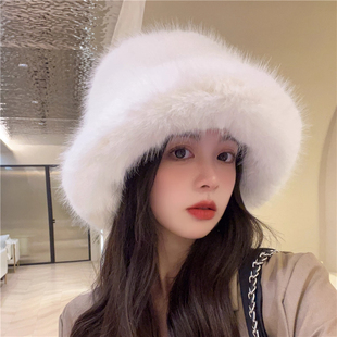 毛绒女秋冬防寒毛毛盆帽保暖帽子护耳帽大头围渔夫帽显脸小水桶帽