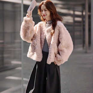 粉色小湖羊圆领皮毛一体仿皮草千金外套女2025年冬环保羊羔毛上衣