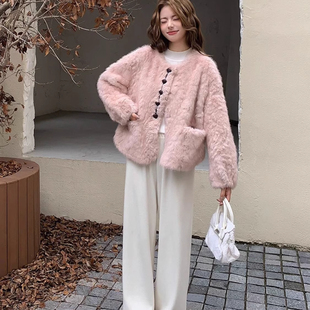 粉色温柔富家千金皮毛一体仿皮草韩系外套女卷毛小湖羊环保毛毛绒