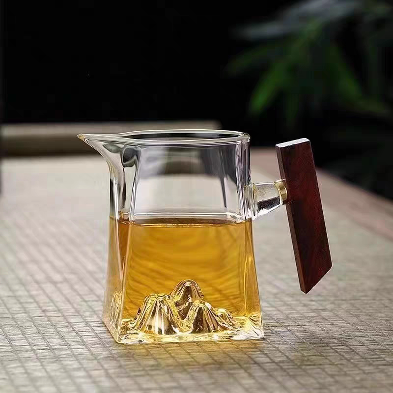 玻璃观山公道杯茶漏一体套装分茶器带手柄加厚木把四方底公杯茶海