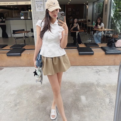 汤元家sd 卡其色百搭半身裙女夏季2025新款短裙抽绳设计裙裤A字裙