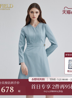 Scofield女装优雅长袖蓝色V领多巴胺通勤气质典雅压褶连衣裙