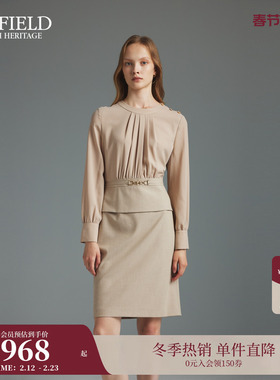 Scofield女装气质褶皱圆领假两件雪纺连衣裙收腰设计感秋季连衣裙