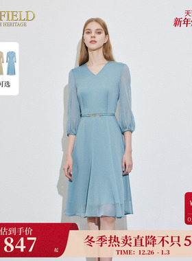 Scofield女装V领收腰通勤连衣裙蓝色仙女裙夏季裙子