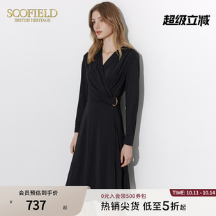 Scofield女装 腰部褶皱设计气质连衣裙 V领修饰A字裙摆优雅法式
