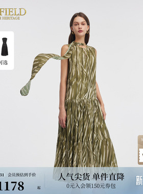 Scofield女装时尚橄榄绿连衣裙法式浪漫无袖碎花长裙夏季裙子