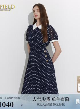 Scofield女装波点短袖连衣裙优雅翻领后拉链收腰长裙夏季裙子