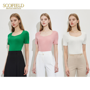 上衣 Scofield女装 法式 方领设计多巴胺三色可选针织短袖 夏季