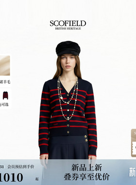 【美丽诺羊毛】Scofield女学院风V领撞色针织开衫刺绣2026春新品