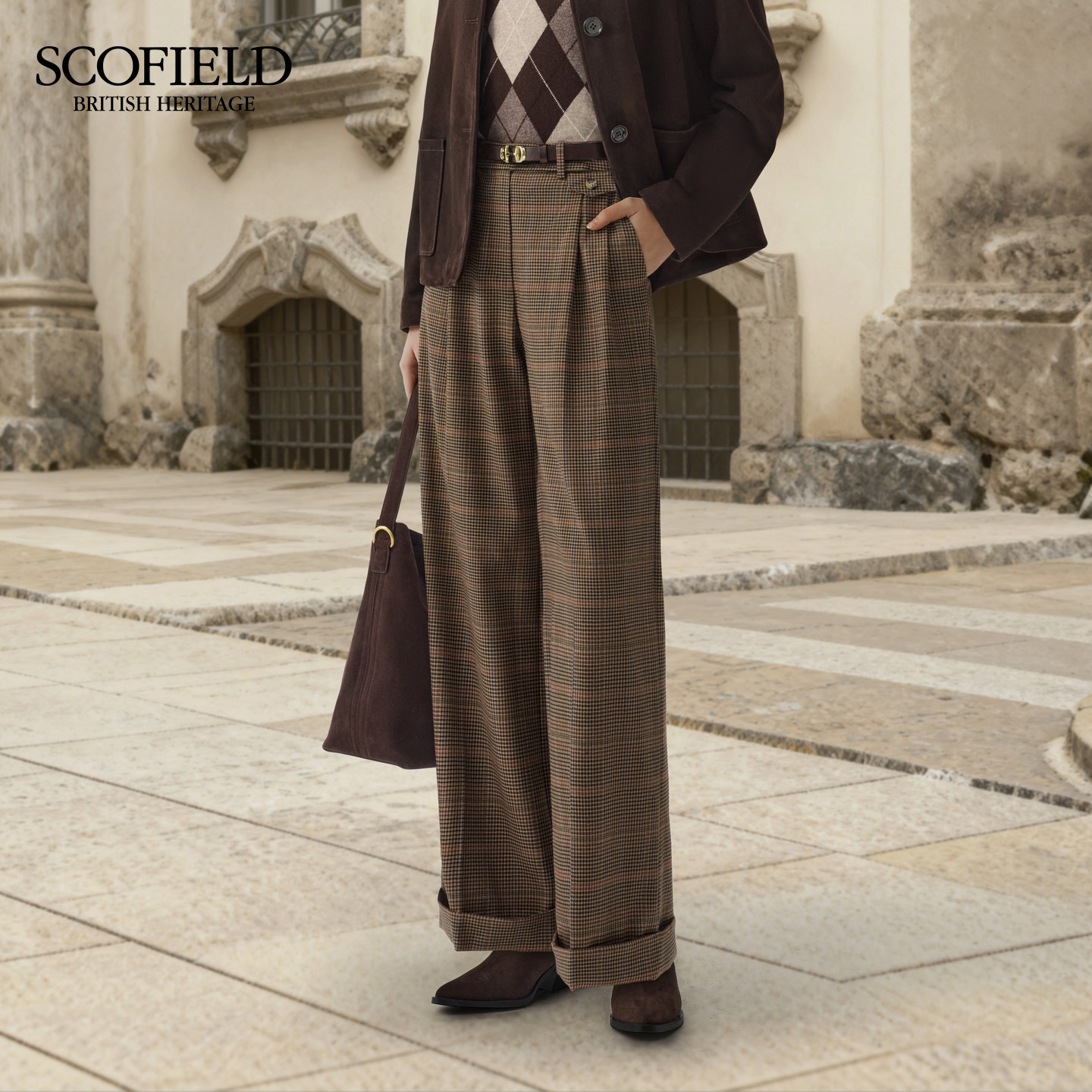 【含绵羊毛】Scofield女装英伦复古格纹阔腿西装裤2025冬季新品,淘宝优惠券,粉丝福利购,淘宝优惠卷