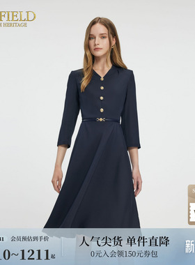 Scofield女装静奢风七分袖V领连衣裙收腰A摆连衣裙