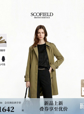 Scofield女装洒脱干练翻领风衣格纹袖口中长款外套2026春季新品