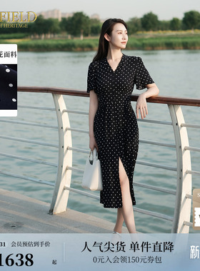 Scofield女装法式度假风V领波点印花黑色连衣裙
