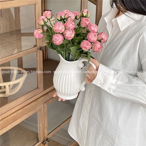 法式陶瓷花壶花瓶 罗马条纹插花器水培鲜花客厅家居装饰简约纯色