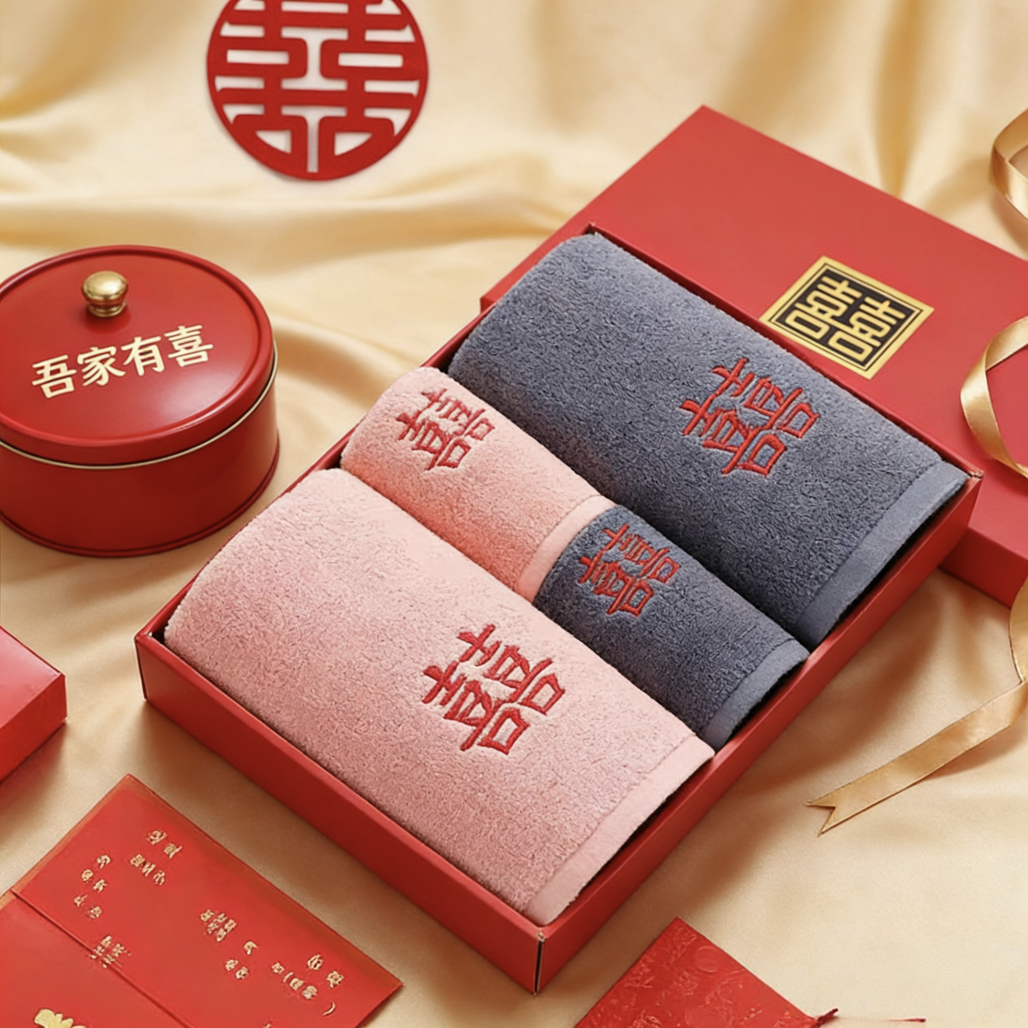 结婚陪嫁毛巾浴巾一对套装纯棉四件套情侣婚庆新婚婚礼定制绣字