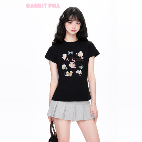 兔丸玩偶派对少女系原创甜美圆领正肩收腰短款设计感短袖T恤内搭