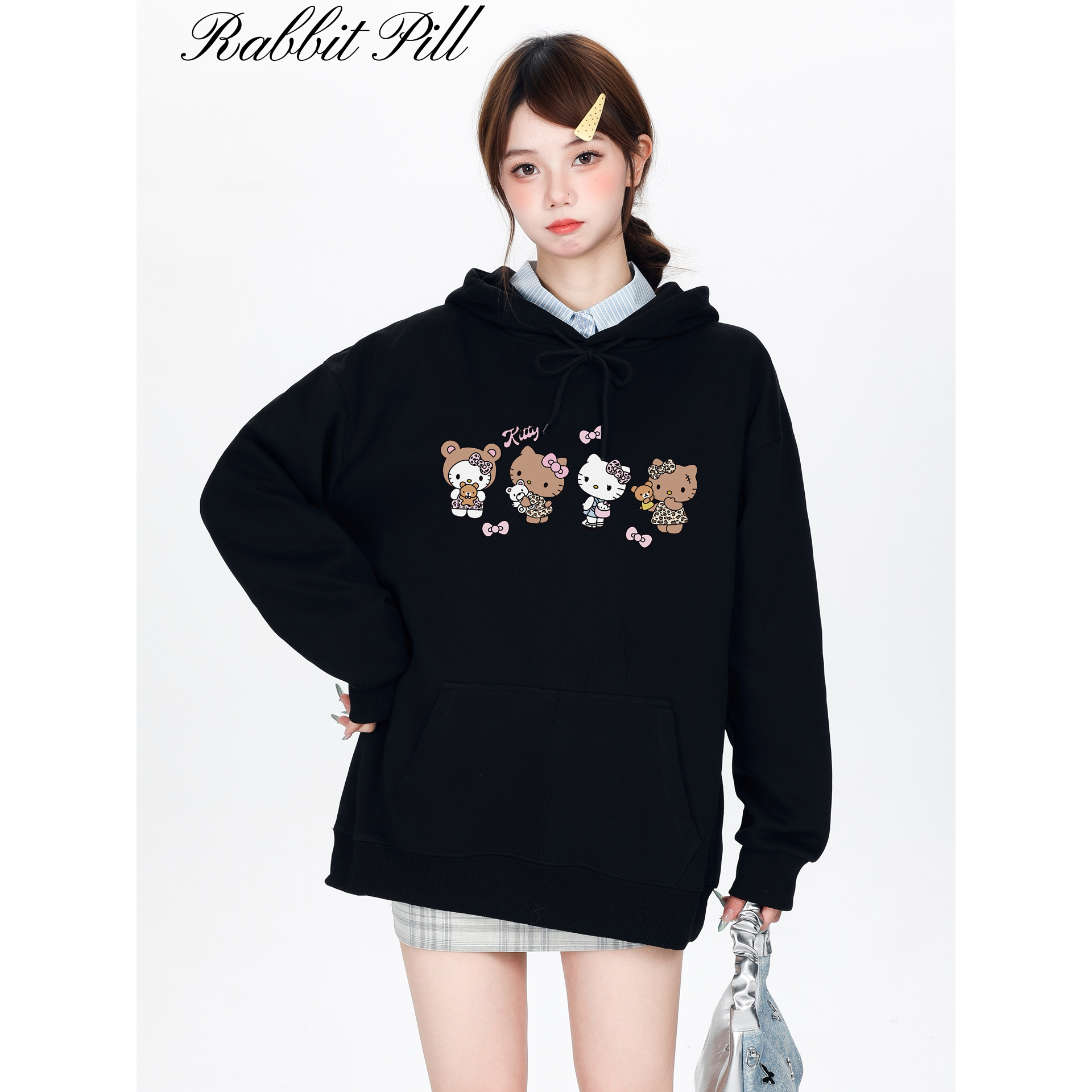 兔丸黑皮kitty印花宽松连帽卫衣春秋款新款休闲oversize帽衫上衣