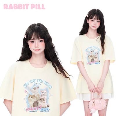 230克纯棉猫咪印花短袖t恤女2025新款白色宽松显瘦体恤设计感上衣