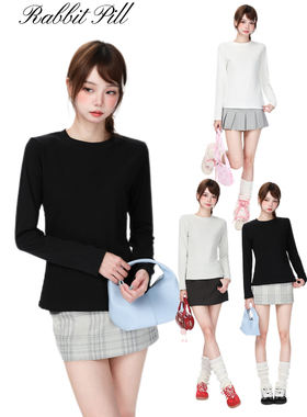 RabbitPIll220克圆领正肩纯色微宽松短款合身百搭长袖T恤春秋内搭
