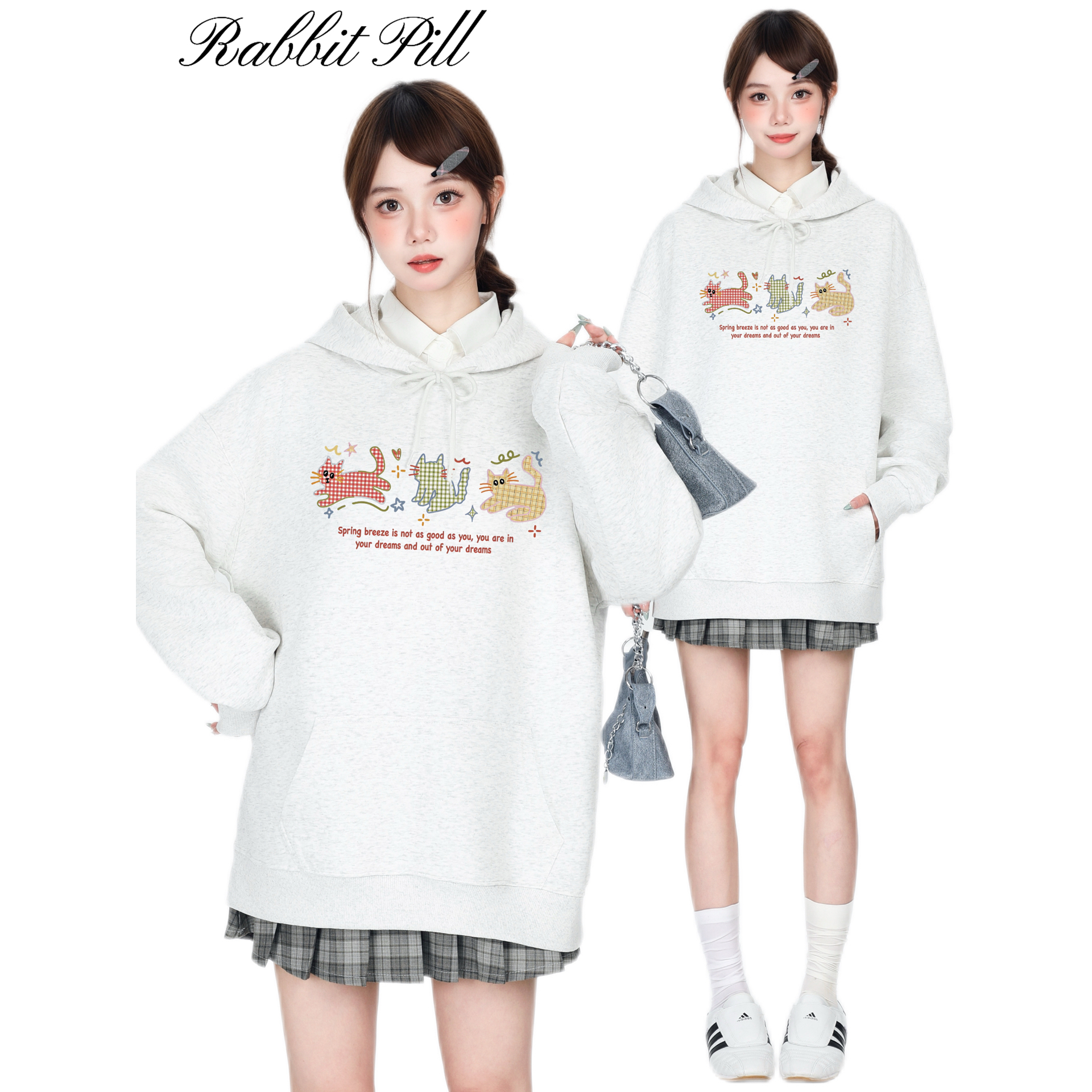 兔丸涂鸦猫咪潮流加绒连帽卫衣女2025秋冬季新款情侣款宽松休闲男
