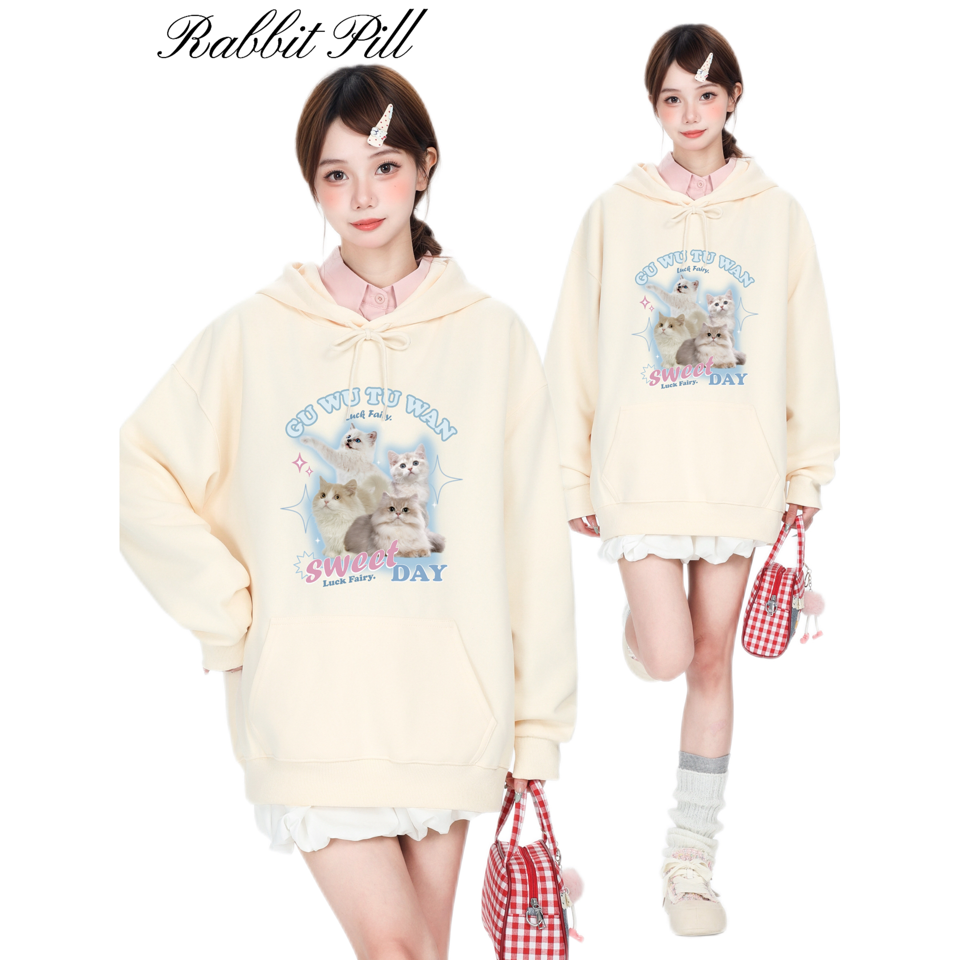兔丸原创猫咪印花可爱日系甜美连帽加绒宽松套头秋冬学生卫衣外套