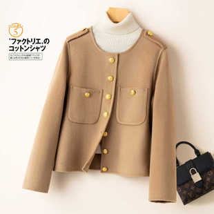 2024小香风双面羊绒大衣女短款小个子新款早秋高级感驼色毛呢外套