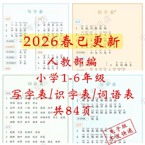 2026小学语文1-6年级人教版部编生字表汇总写字识字词语表电子版