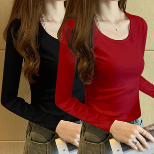 纯棉长袖 修身 t恤女正肩圆领上衣T 女内搭2024年春秋新款 纯色打底衫