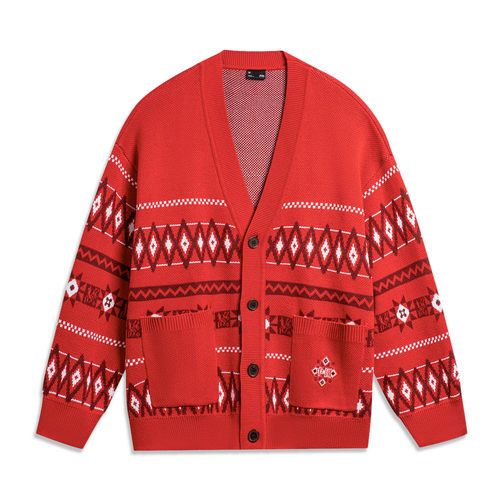 李宁毛衣开衫男秋冬运动生活时尚潮流休闲宽松红色编织衫AMBT249