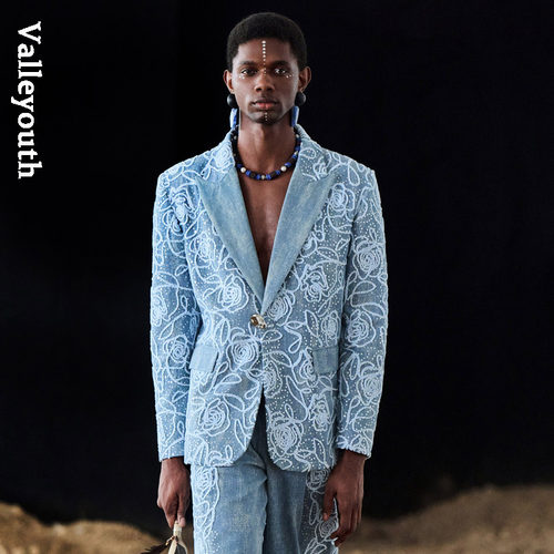 山谷少年重工牛仔时尚收腰西装