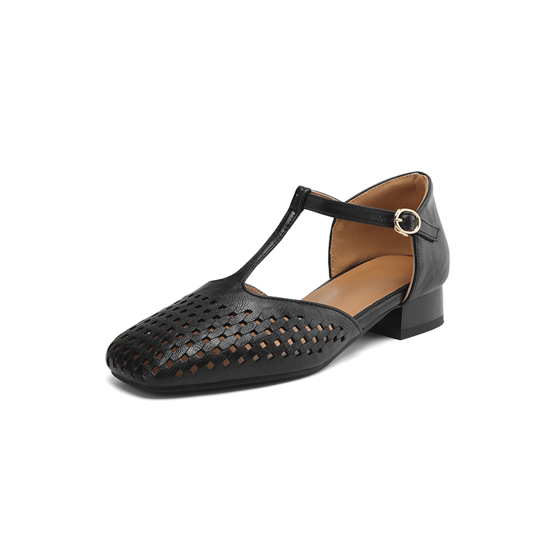 2025复古格调镂空T带鞋 春夏透气方头低跟凉鞋女鞋法式复古T字带