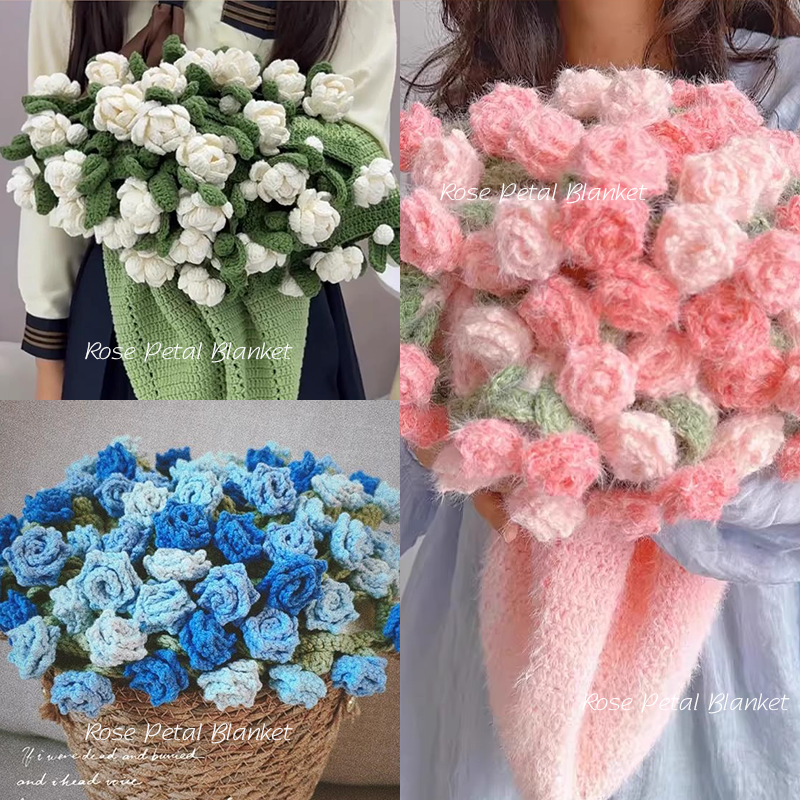 渐变长绒玫瑰花束毯手工编织diy材料包花束毯子礼物扭扭棒自己做