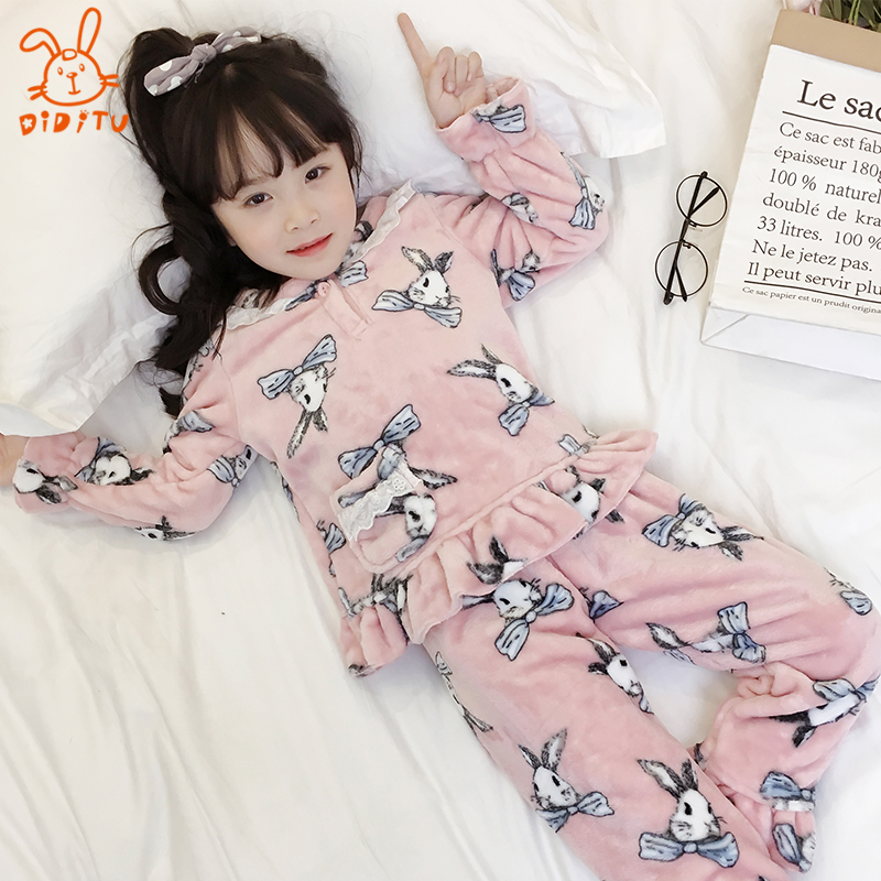 秋冬款儿童睡衣法兰绒女孩冬季珊瑚绒套装宝宝中大童女童家居服