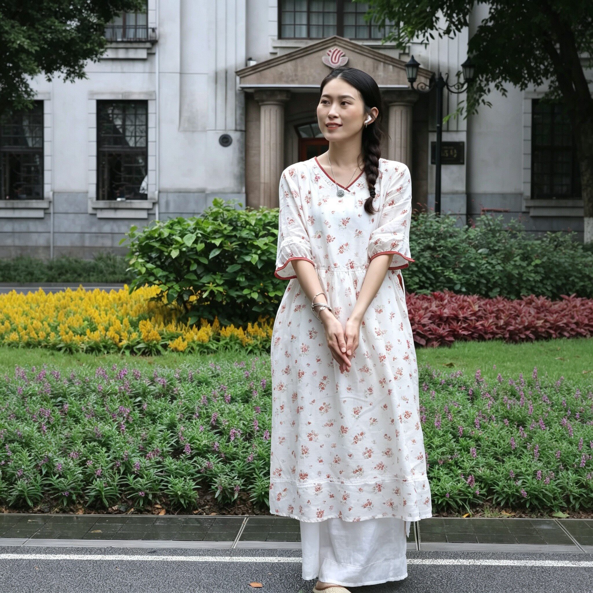夏季复古红碎花苎麻大码连衣裙