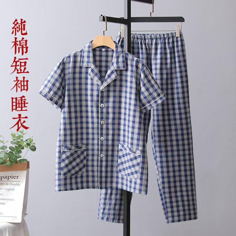 夏季纯棉老粗布宽松男短袖格子睡衣女韩版外穿休闲全棉家居服套装